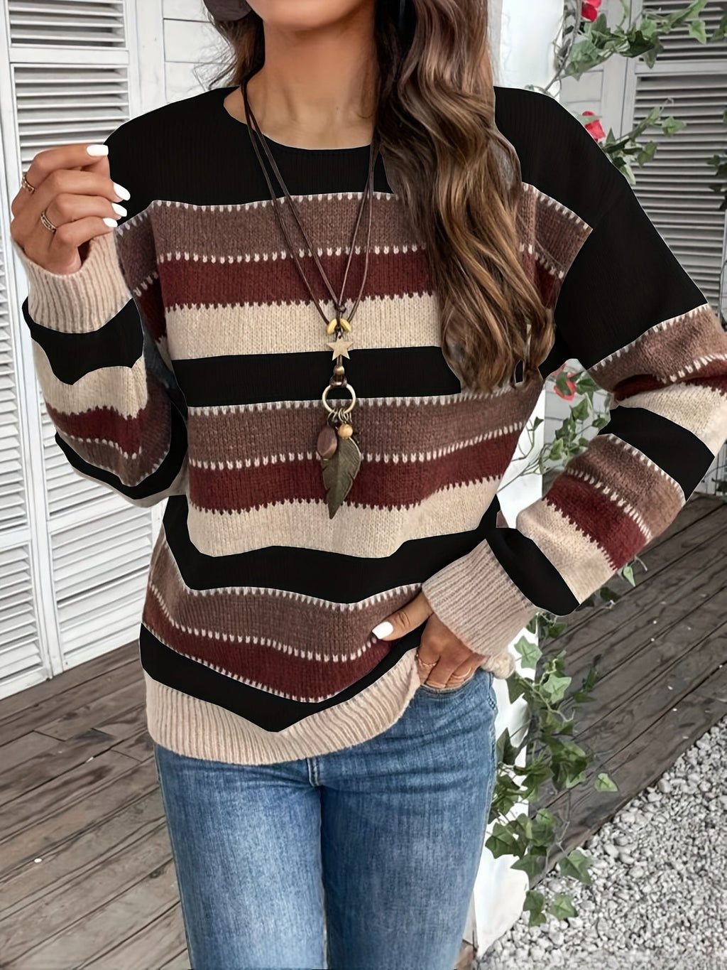 Knitted Jumper Striped Colour Block Round Neck Women's Long Sleeve Pullover – Casual, Autumn Winter Layering