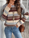 Knitted Jumper Striped Colour Block Round Neck Women's Long Sleeve Pullover – Casual, Autumn Winter Layering