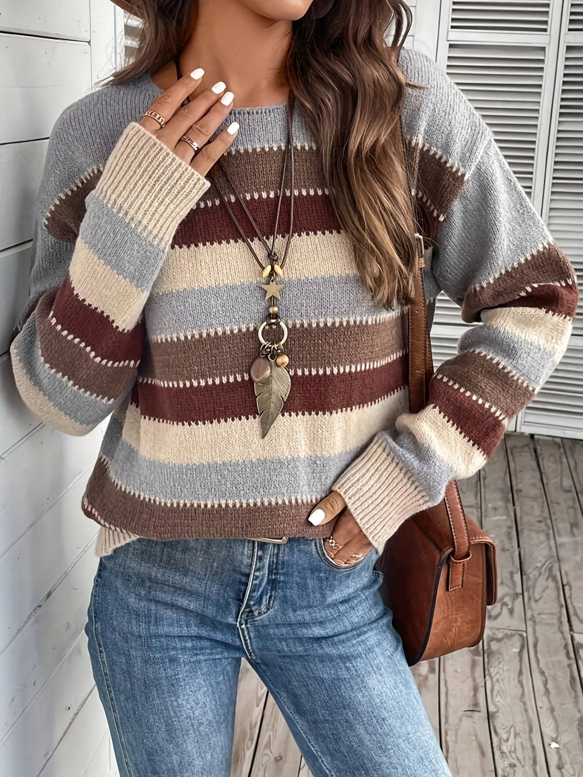 Knitted Jumper Striped Colour Block Round Neck Women's Long Sleeve Pullover – Casual, Autumn Winter Layering