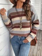 Knitted Jumper Striped Colour Block Round Neck Women's Long Sleeve Pullover – Casual, Autumn Winter Layering