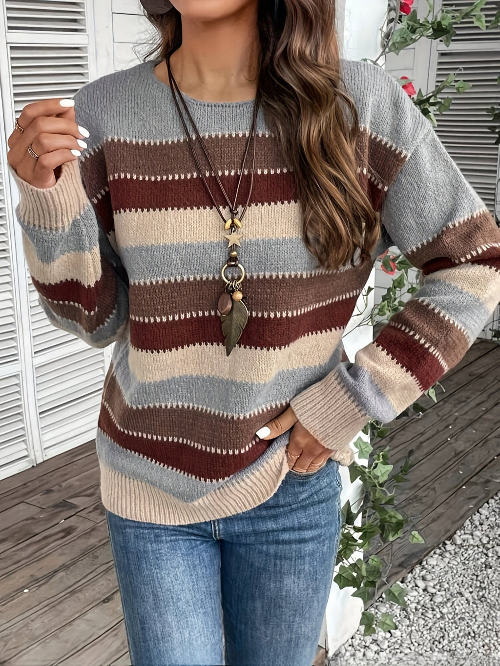 Knitted Jumper Striped Colour Block Round Neck Women's Long Sleeve Pullover – Casual, Autumn Winter Layering