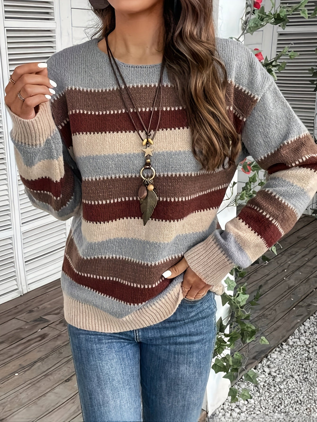 Knitted Jumper Striped Colour Block Round Neck Women's Long Sleeve Pullover – Casual, Autumn Winter Layering