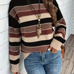 Knitted Jumper Striped Colour Block Round Neck Women's Long Sleeve Pullover – Casual, Autumn Winter Layering