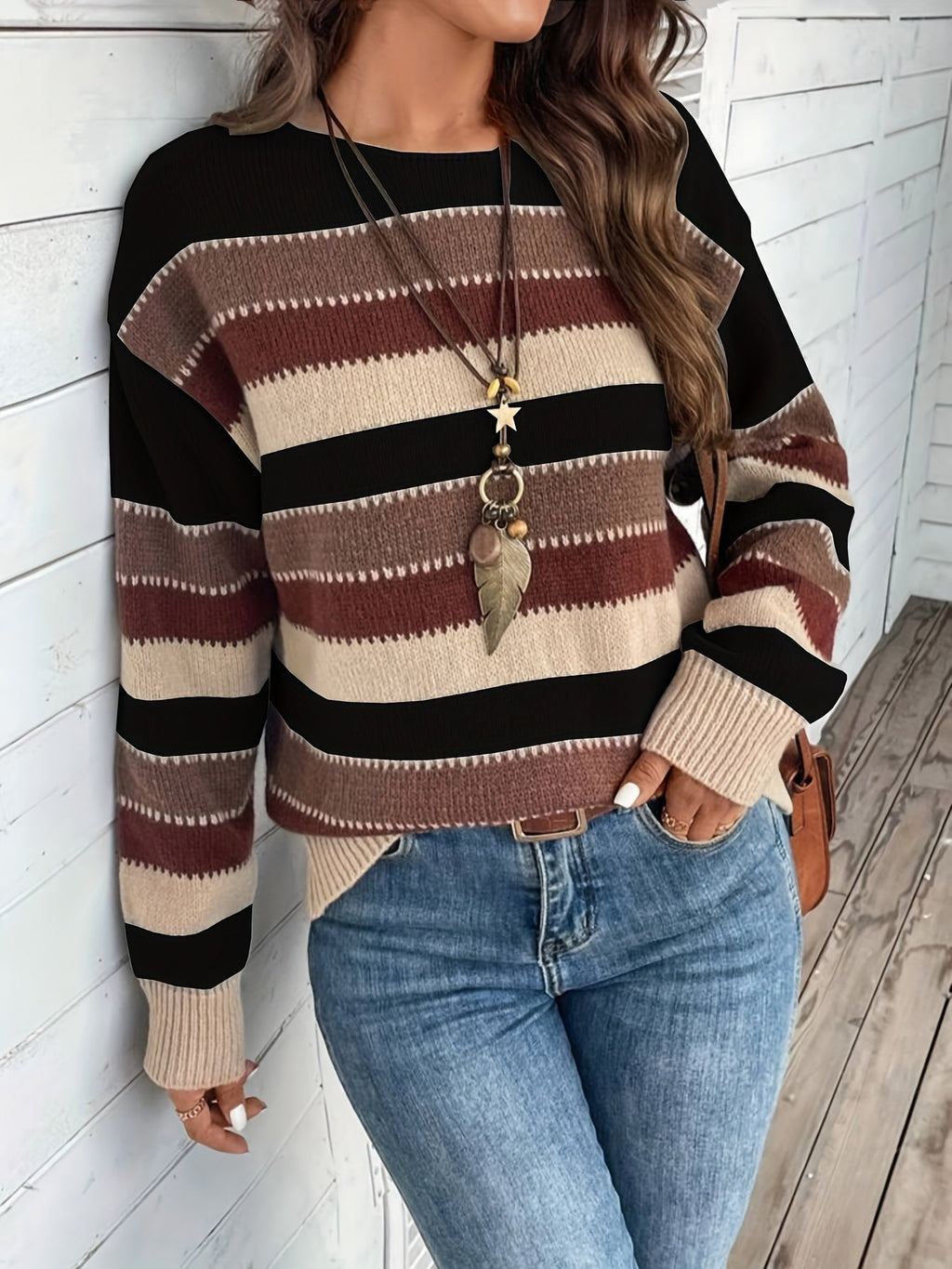 Knitted Jumper Striped Colour Block Round Neck Women's Long Sleeve Pullover – Casual, Autumn Winter Layering