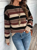 Knitted Jumper Striped Colour Block Round Neck Women's Long Sleeve Pullover – Casual, Autumn Winter Layering