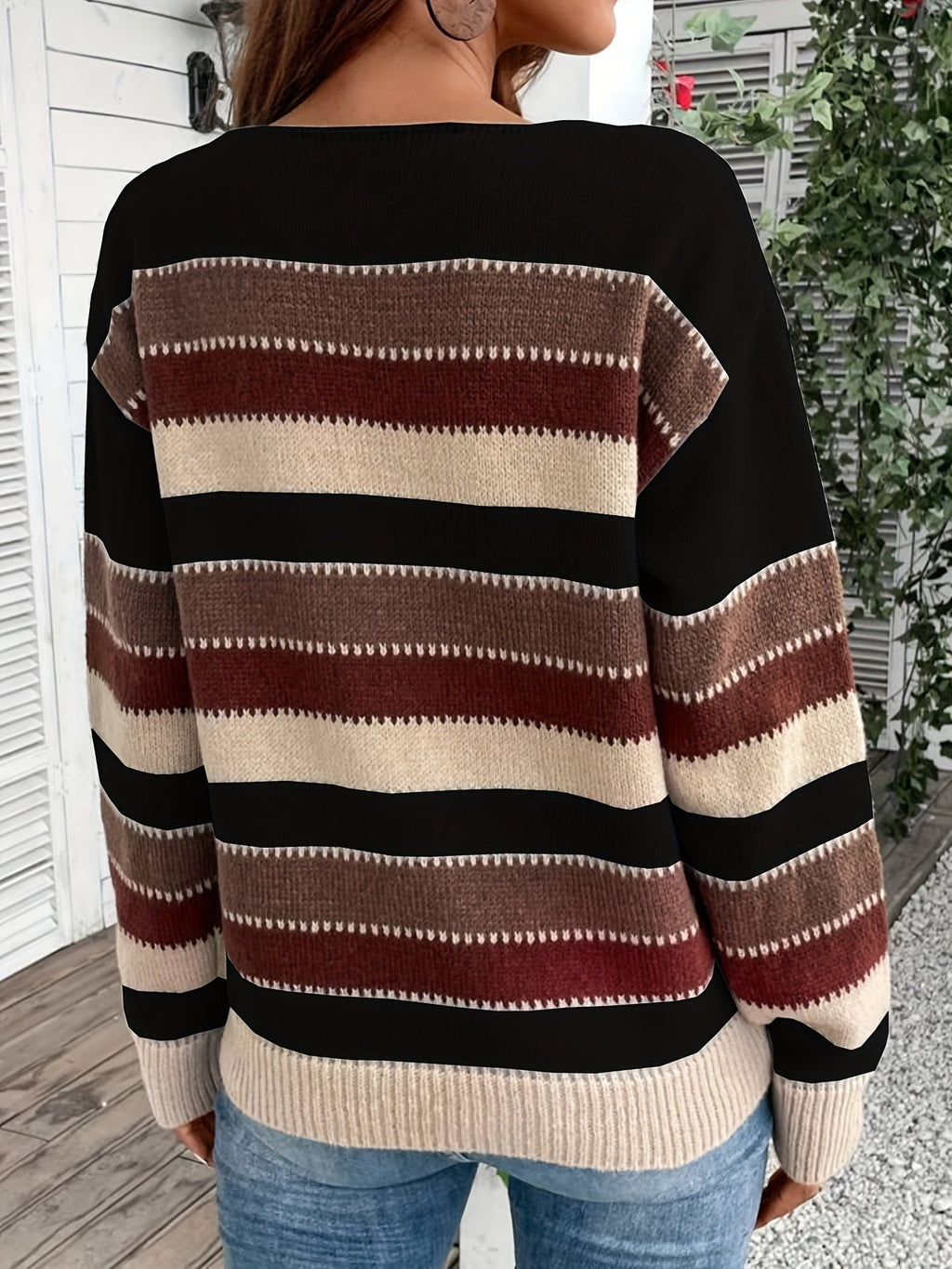 Knitted Jumper Striped Colour Block Round Neck Women's Long Sleeve Pullover – Casual, Autumn Winter Layering