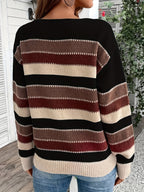 Knitted Jumper Striped Colour Block Round Neck Women's Long Sleeve Pullover – Casual, Autumn Winter Layering