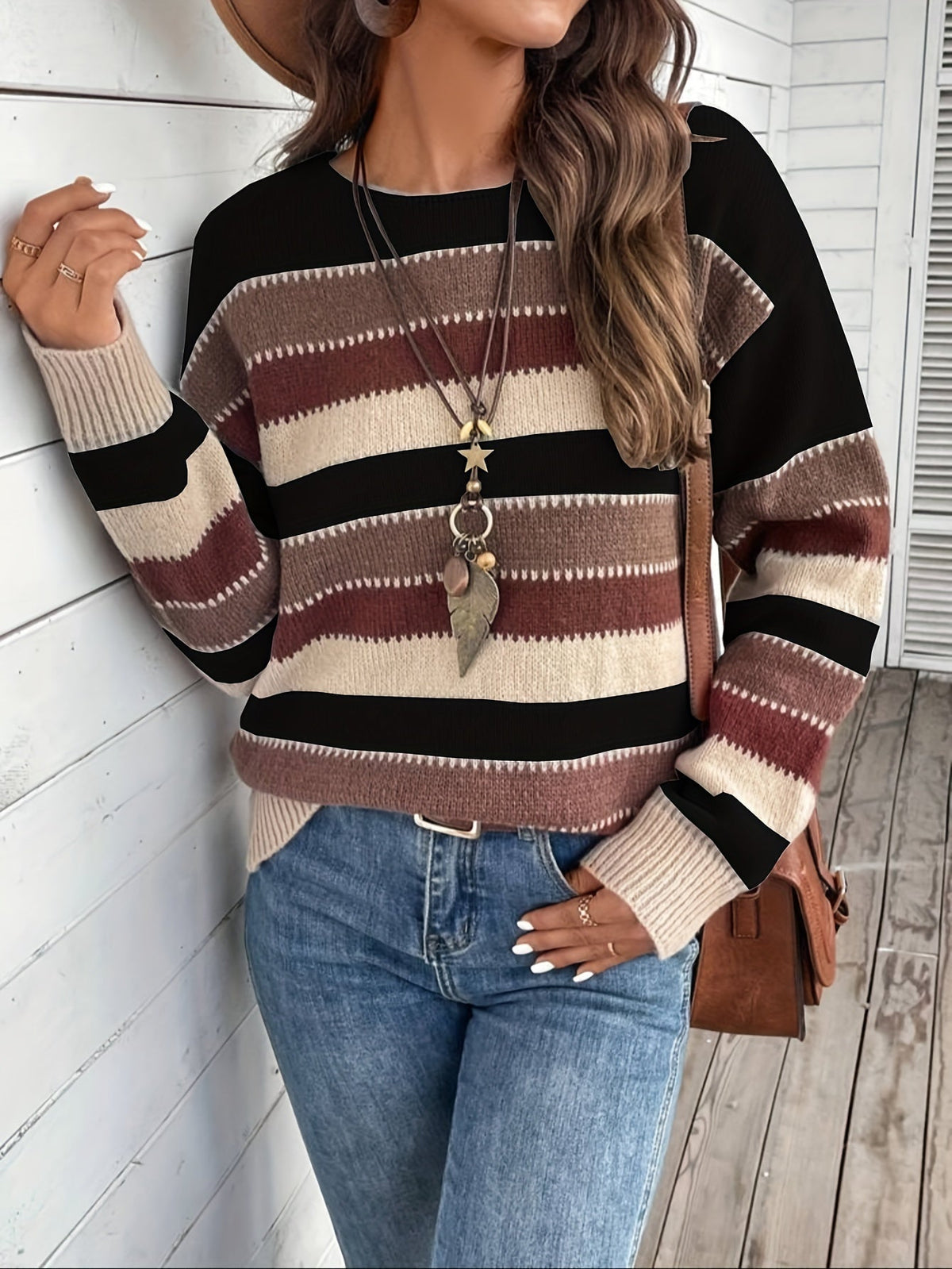 Knitted Jumper Striped Colour Block Round Neck Women's Long Sleeve Pullover – Casual, Autumn Winter Layering