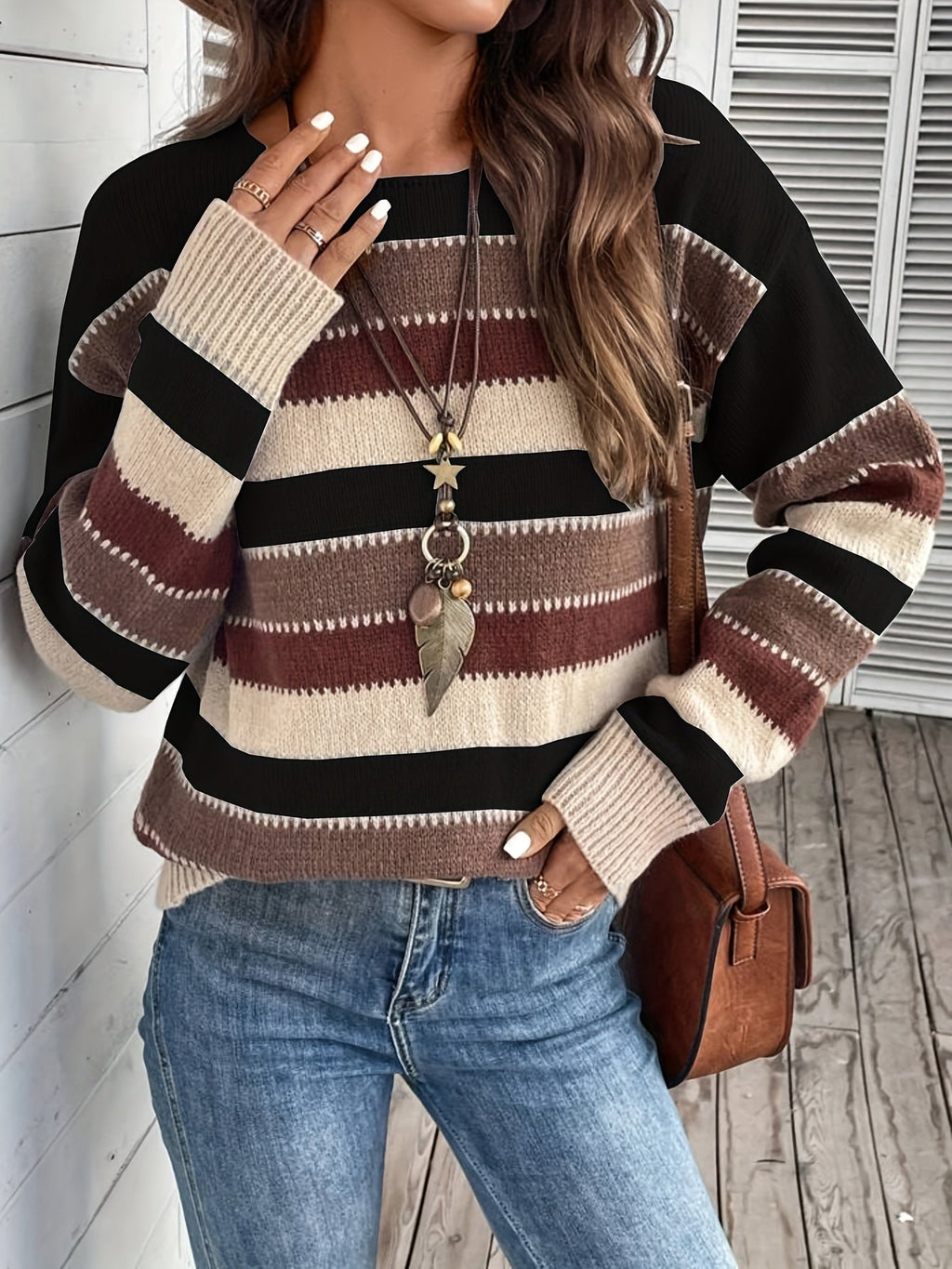 Knitted Jumper Striped Colour Block Round Neck Women's Long Sleeve Pullover – Casual, Autumn Winter Layering