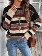 Knitted Jumper Striped Colour Block Round Neck Women's Long Sleeve Pullover – Casual, Autumn Winter Layering