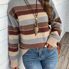 Knitted Jumper Striped Colour Block Round Neck Women's Long Sleeve Pullover – Casual, Autumn Winter Layering