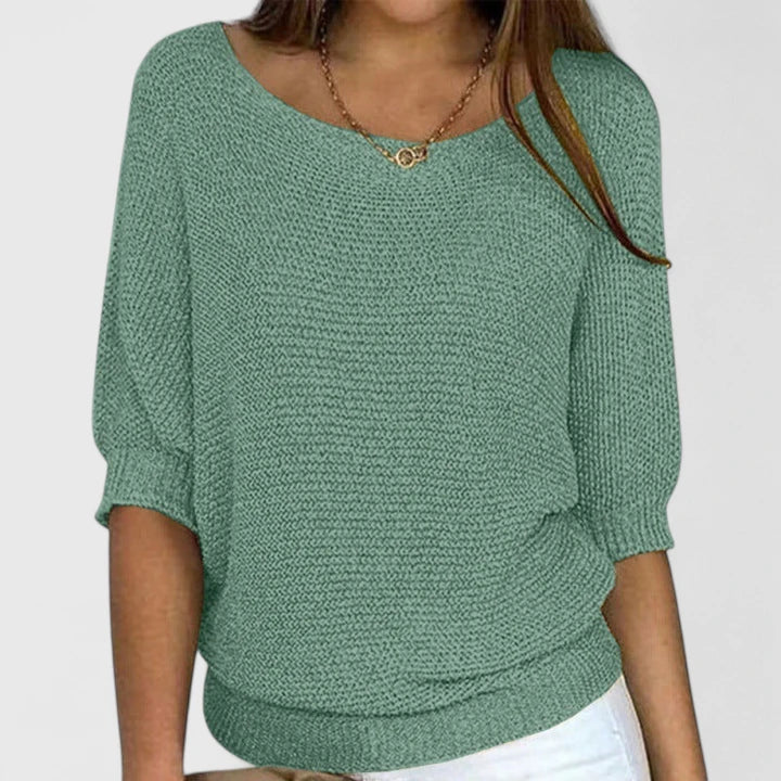 Knitted Jumper Women's Beige Batwing Sleeve Boat Neck Pullover Top – Casual, Office Wear