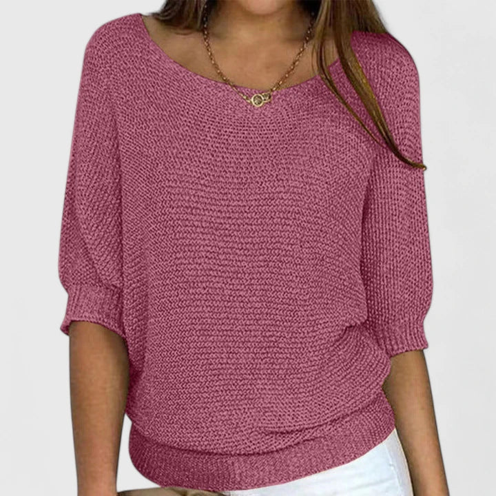 Knitted Jumper Women's Beige Batwing Sleeve Boat Neck Pullover Top – Casual, Office Wear