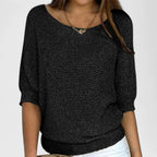 Knitted Jumper Women's Beige Batwing Sleeve Boat Neck Pullover Top – Casual, Office Wear