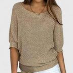 Knitted Jumper Women's Beige Batwing Sleeve Boat Neck Pullover Top – Casual, Office Wear