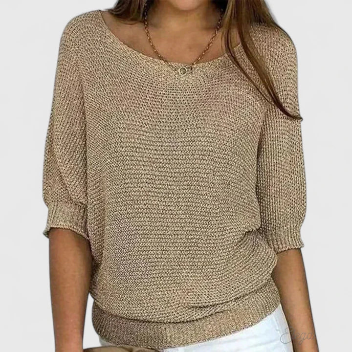 Knitted Jumper Women's Beige Batwing Sleeve Boat Neck Pullover Top – Casual, Office Wear