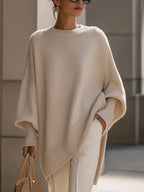 Knitted Poncho Jumper Women's Cream Oversized Mock Neck – Office, Holiday, Gift · Werune