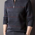 Knitted Quarter-Zip Jumper Striped Brown Men's Long Sleeve Pullover – Casual, Office, Gift