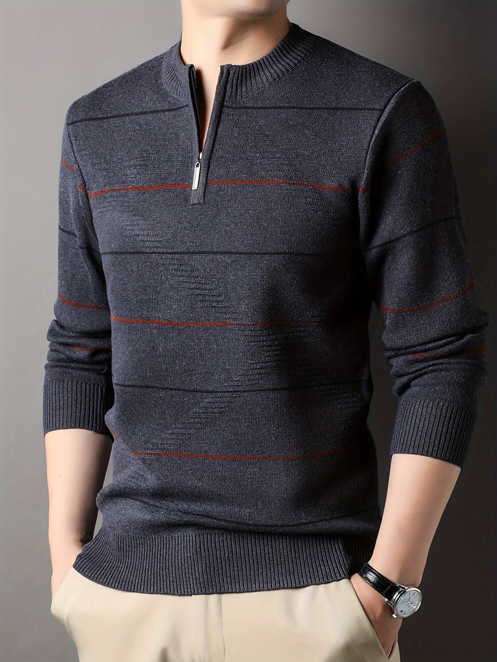 Knitted Quarter-Zip Jumper Striped Brown Men's Long Sleeve Pullover – Casual, Office, Gift