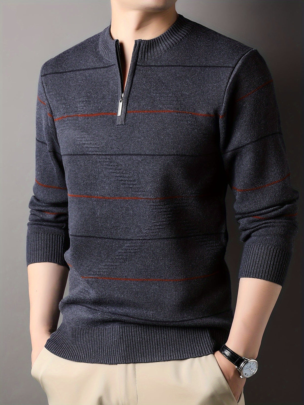 Knitted Quarter-Zip Jumper Striped Brown Men's Long Sleeve Pullover – Casual, Office, Gift