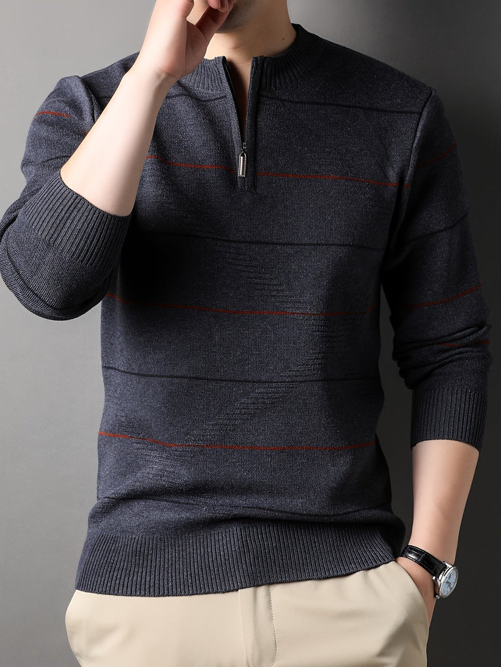 Knitted Quarter-Zip Jumper Striped Brown Men's Long Sleeve Pullover – Casual, Office, Gift
