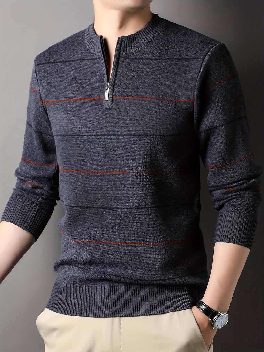 Knitted Quarter-Zip Jumper Striped Brown Men's Long Sleeve Pullover – Casual, Office, Gift