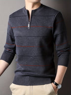 Knitted Quarter-Zip Jumper Striped Brown Men's Long Sleeve Pullover – Casual, Office, Gift