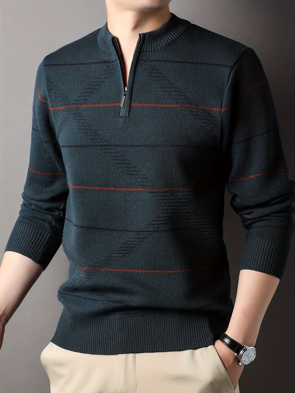 Knitted Quarter-Zip Jumper Striped Brown Men's Long Sleeve Pullover – Casual, Office, Gift