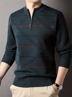 Knitted Quarter-Zip Jumper Striped Brown Men's Long Sleeve Pullover – Casual, Office, Gift
