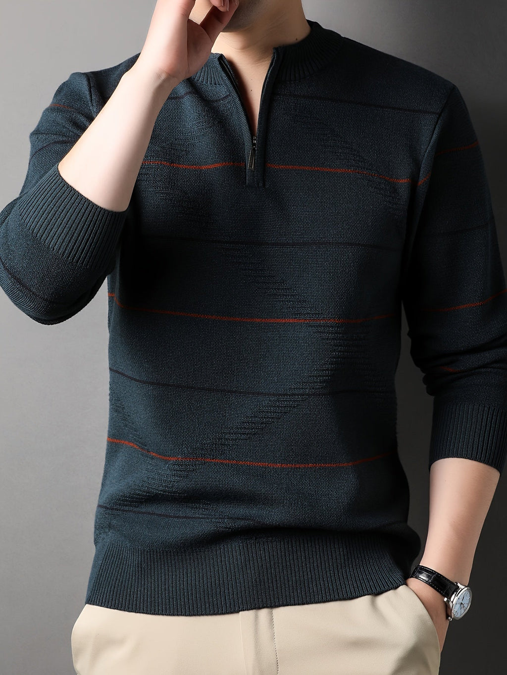 Knitted Quarter-Zip Jumper Striped Brown Men's Long Sleeve Pullover – Casual, Office, Gift