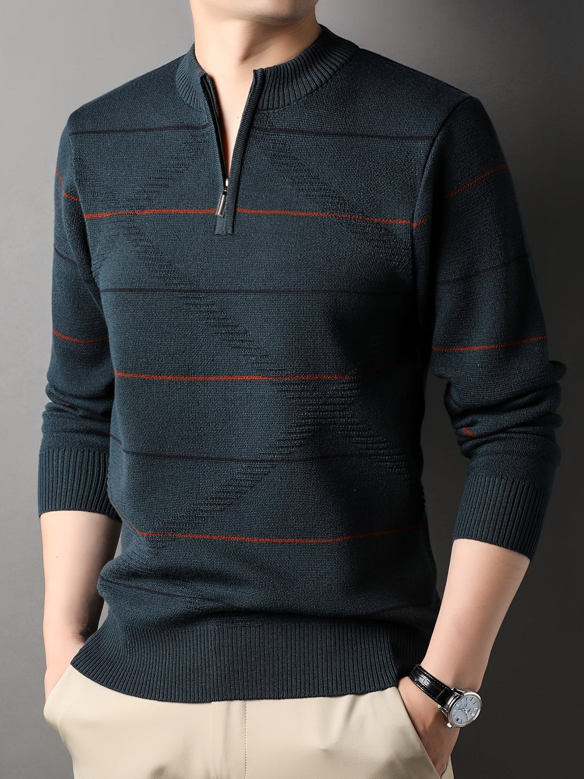 Knitted Quarter-Zip Jumper Striped Brown Men's Long Sleeve Pullover – Casual, Office, Gift