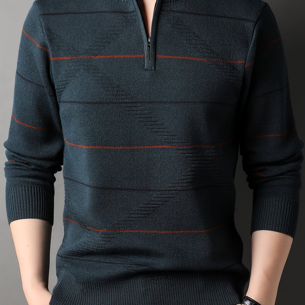 Knitted Quarter-Zip Jumper Striped Brown Men's Long Sleeve Pullover – Casual, Office, Gift