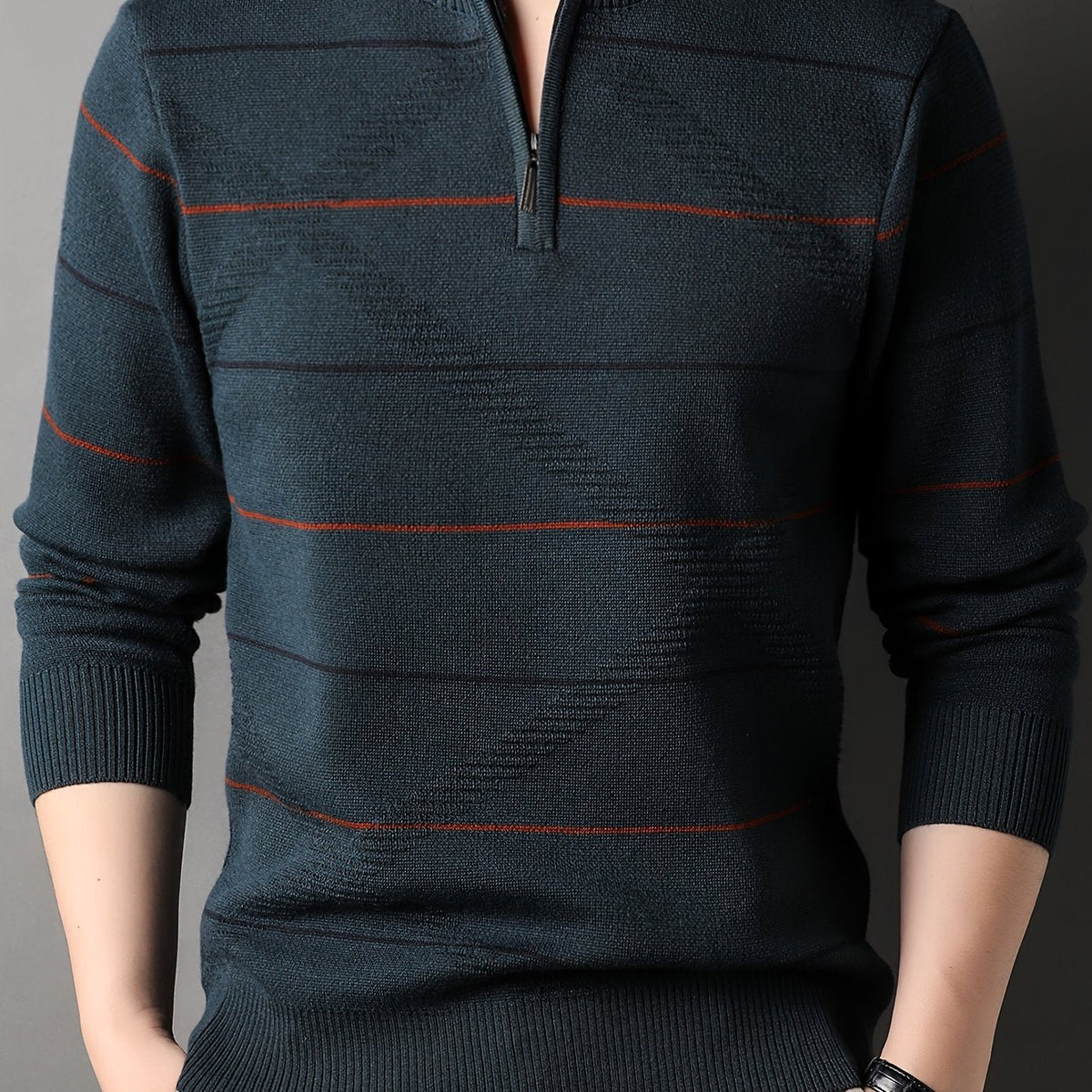 Knitted Quarter-Zip Jumper Striped Brown Men's Long Sleeve Pullover – Casual, Office, Gift