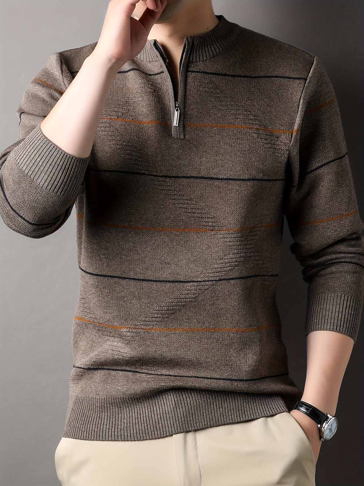 Knitted Quarter-Zip Jumper Striped Brown Men's Long Sleeve Pullover – Casual, Office, Gift