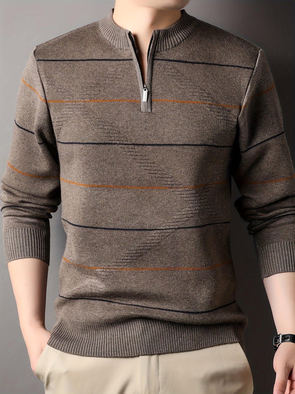 Knitted Quarter-Zip Jumper Striped Brown Men's Long Sleeve Pullover – Casual, Office, Gift