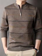 Knitted Quarter-Zip Jumper Striped Brown Men's Long Sleeve Pullover – Casual, Office, Gift