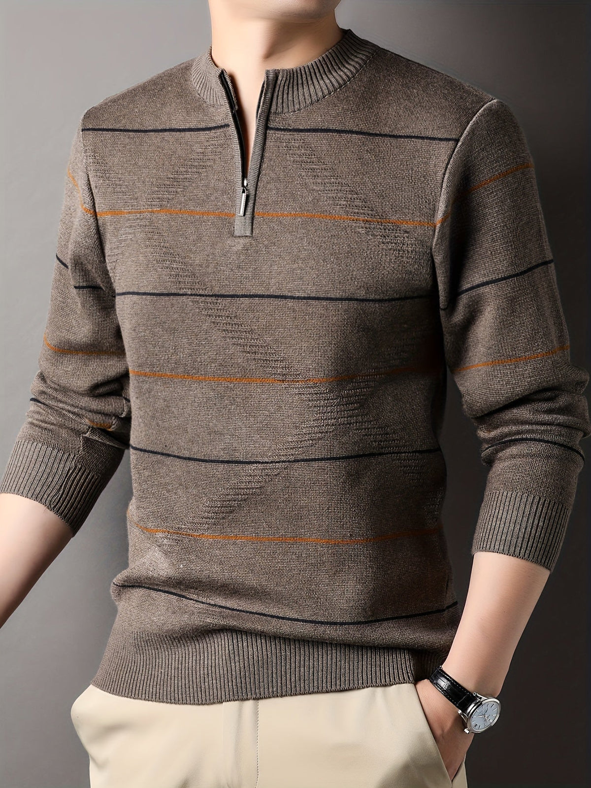 Knitted Quarter-Zip Jumper Striped Brown Men's Long Sleeve Pullover – Casual, Office, Gift