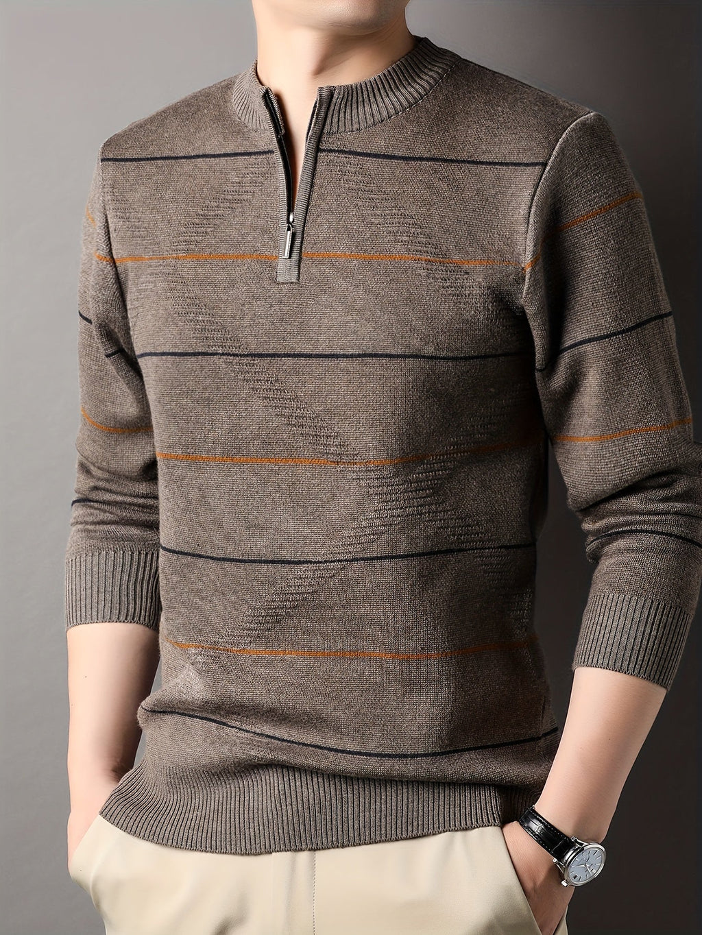 Knitted Quarter-Zip Jumper Striped Brown Men's Long Sleeve Pullover – Casual, Office, Gift