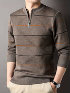 Knitted Quarter-Zip Jumper Striped Brown Men's Long Sleeve Pullover – Casual, Office, Gift