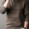 Knitted Quarter-Zip Jumper Striped Brown Men's Long Sleeve Pullover – Casual, Office, Gift