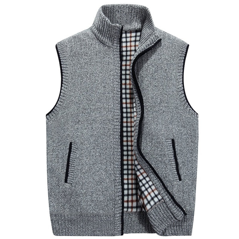 Knitted Vest Men's Grey Fleece-Lined Stand Collar Zip Gilet – Casual, Autumn Layering