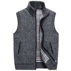 Knitted Vest Men's Grey Fleece-Lined Stand Collar Zip Gilet – Casual, Autumn Layering