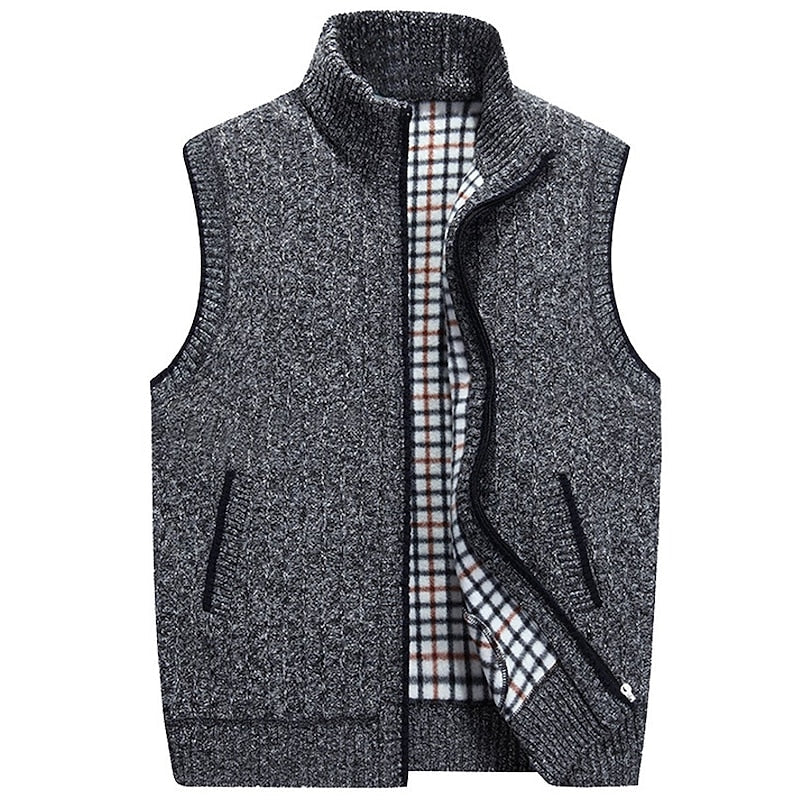 Knitted Vest Men's Grey Fleece-Lined Stand Collar Zip Gilet – Casual, Autumn Layering