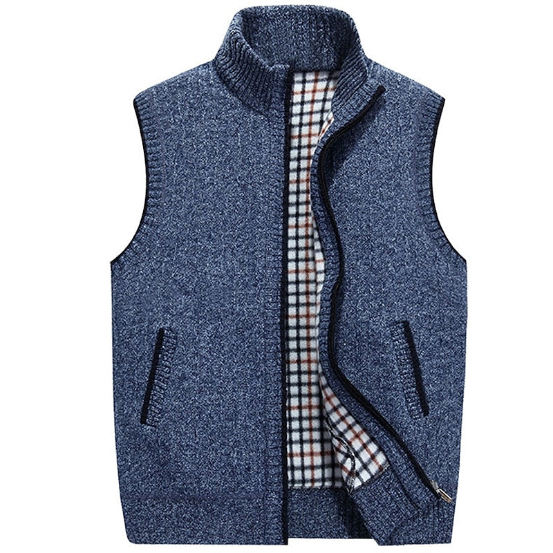 Knitted Vest Men's Grey Fleece-Lined Stand Collar Zip Gilet – Casual, Autumn Layering