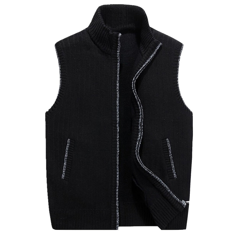 Knitted Vest Men's Grey Fleece-Lined Stand Collar Zip Gilet – Casual, Autumn Layering