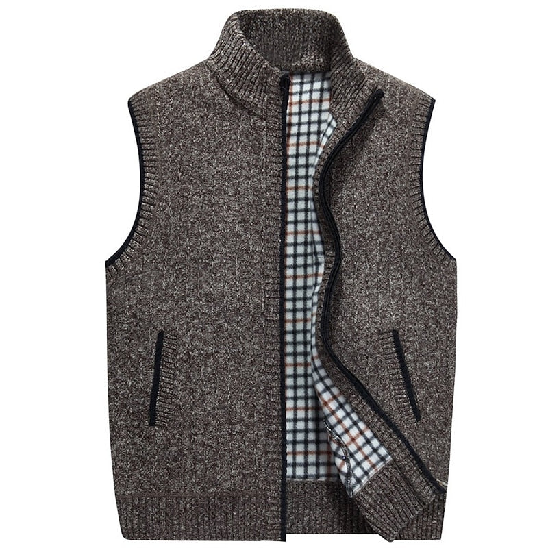 Knitted Vest Men's Grey Fleece-Lined Stand Collar Zip Gilet – Casual, Autumn Layering