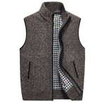 Knitted Vest Men's Grey Fleece-Lined Stand Collar Zip Gilet – Casual, Autumn Layering