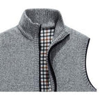 Knitted Vest Men's Grey Fleece-Lined Stand Collar Zip Gilet – Casual, Autumn Layering