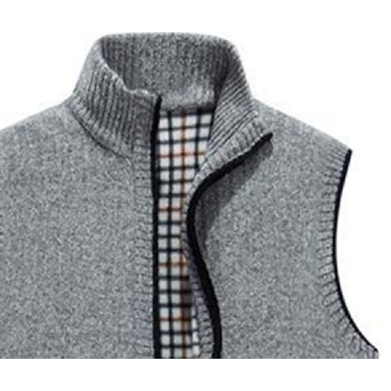 Knitted Vest Men's Grey Fleece-Lined Stand Collar Zip Gilet – Casual, Autumn Layering
