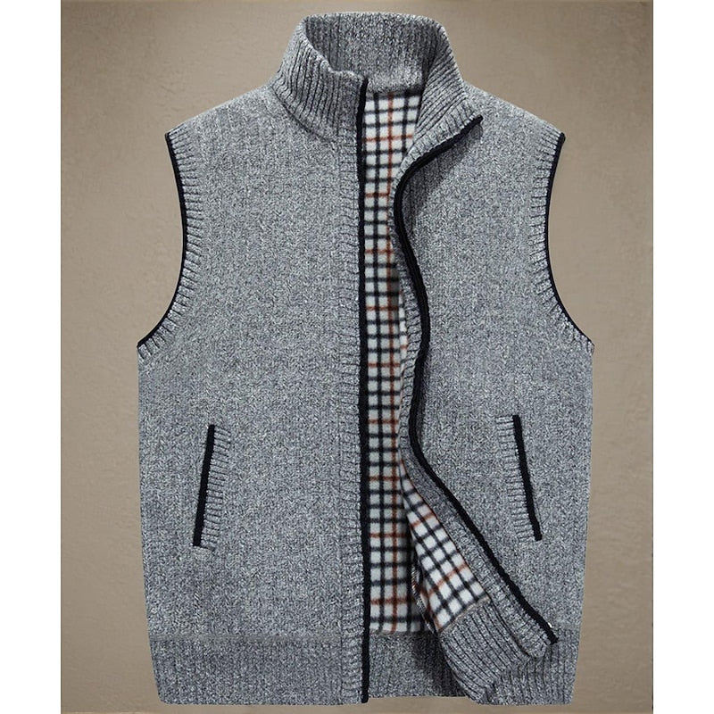 Knitted Vest Men's Grey Fleece-Lined Stand Collar Zip Gilet – Casual, Autumn Layering